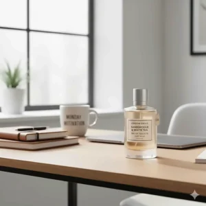 A bottle of sandalwood eau de toilette suitable for daily office wear in the UK.