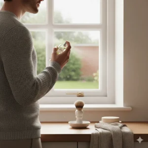 A man in a grey knitted jumper applying a spray of vetiver fragrance as part of his morning grooming routine in a modern British bathroom.
