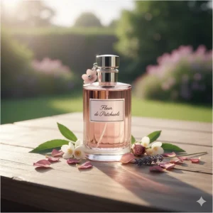A feminine floral patchouli perfume bottle in a sunny British garden setting, ideal for budget-conscious shoppers.