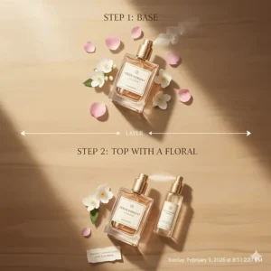A two-step guide showing how to layer a floral scent over a base of beginner friendly oud perfume for women to create a personalised fragrance.