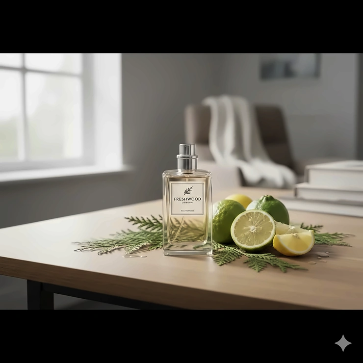 A bottle of fresh cedarwood perfume for women on a rustic wooden table next to a sprig of green foliage. fresh cedarwood perfume women