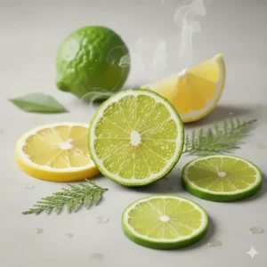 Illustration showing zesty lemon and bergamot slices, the top notes of a fresh cedarwood perfume.