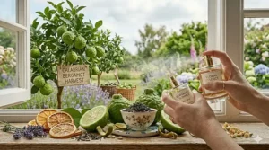 A person layering two different perfume bottles, Bergamot Summer and Floral Essence, to create a bespoke summer scent.