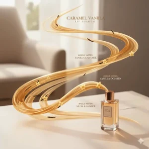 A graphic showing the long-lasting silage of a budget-friendly caramel vanilla eau de parfum.