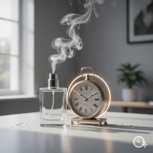 A graphic icon of a clock and a perfume bottle, symbolising the long-lasting wear of fresh cedarwood scents.