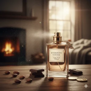 A bottle of long-lasting chocolate perfume being sprayed, featuring a £35 price tag in a cosy home setting.