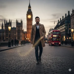 A stylish person walking through a London street, illustrating the impressive sillage and longevity of a budget-friendly oud.