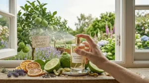A close-up of a hand spraying a fine mist of bergamot-based perfume, illustrating the fragrance's projection and freshness.