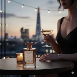 A chic evening scene at a London rooftop bar with a bottle of woody, non-hippie patchouli perfume in the foreground.