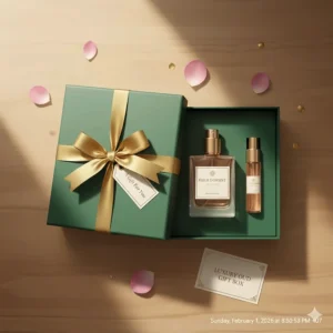A luxury forest-green gift box tied with a gold ribbon, containing a bottle of beginner friendly oud perfume for women, positioned as an ideal present for a UK recipient.