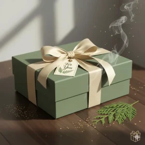 An illustration of a beautifully wrapped luxury perfume box, perfect for gifting fresh cedarwood scents to women.