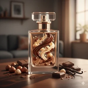 A perfume bottle showing artistic swirls of milk chocolate, hazelnuts, and vanilla to represent the scent notes.