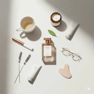 A flat lay of minimalist beauty products and a designer patchouli scent, representing a clean and polished aesthetic.