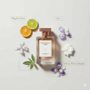 A visual breakdown of modern patchouli fragrance notes including bright citrus, iris, and clean white musks.