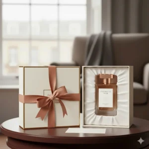 A beautifully wrapped perfume gift box featuring a high-end patchouli scent, perfect for a sophisticated UK birthday or anniversary.