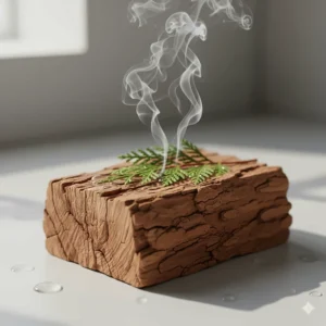 Detailed illustration of a cedar tree branch and bark, representing the earthy base of a women’s perfume.