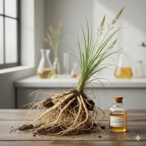 A detailed view of raw vetiver roots and green grass stalks next to a bottle of pure vetiver oil, highlighting natural and organic ingredients.