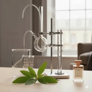 Fresh green patchouli leaves next to a clear laboratory beaker, symbolising modern molecular distillation methods.