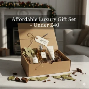 A patchouli perfume gift set under £40 in a cardboard box with a gift tag, perfect for birthdays or Christmas in the UK.
