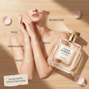 A helpful diagram of a woman’s silhouette highlighting the pulse points—wrists, neck, and behind the ears—for applying a beginner friendly oud perfume for women.