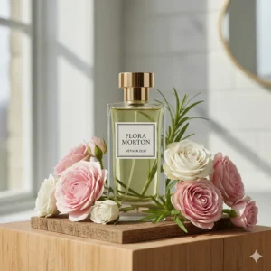 A soft botanical display of English roses paired with a green vetiver fragrance bottle, showcasing a popular floral twist on the woody note.