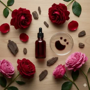 A flat-lay of dark red roses and oud oil, depicting a popular scent combination found in affordable UK perfumes.
