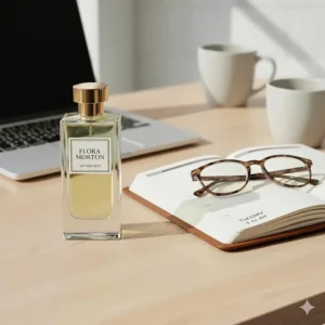 A minimalist flat-lay featuring a fresh vetiver perfume bottle alongside a leather planner and glasses, suggesting a professional scent for the office.