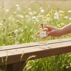 A breezy depiction of a perfume bottle in a British wildflower meadow in summer, illustrating the light and crisp nature of feminine vetiver.