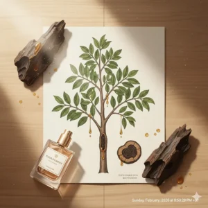 A detailed botanical illustration of an Aquilaria tree and its resin, showing the natural origins of the ingredients used in a beginner friendly oud perfume for women.