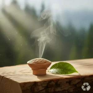 A green leaf icon and a wooden bottle cap highlighting ethically sourced ingredients in British perfumery.