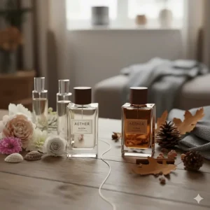 A visual comparison of light summer floral scents next to deep, woody cedar perfumes for the seasonal transition in September.