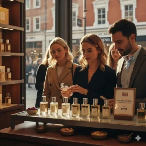 A shopper browsing affordable oud fragrances in a UK boutique or high-street chemist.