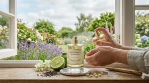 A minimalist glass bottle of bergamot eau de parfum being applied, showcasing its gender-neutral appeal for the UK market.