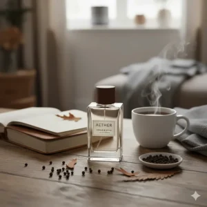 A minimalist perfume bottle with cedar and black pepper notes, styled with a leather journal and a cup of Earl Grey tea.