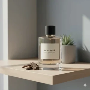 A minimalist oud cologne bottle on a wooden shelf, highlighting affordable unisex options for British shoppers.