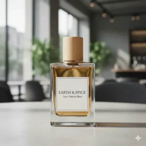 A minimalist glass bottle of unisex patchouli and spice fragrance, offering great value for UK consumers.