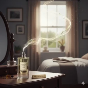 A vetiver fragrance bottle on a mahogany dressing table with a visible, elegant scent trail illustrating long-lasting sillage.