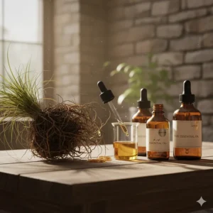 Raw vetiver grass roots and amber essential oil dropper bottles on a wooden workbench in a rustic workshop setting.