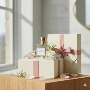 A sophisticated gift presentation of a vetiver perfume bottle in a cream textured box with silk ribbons and delicate flower petals.