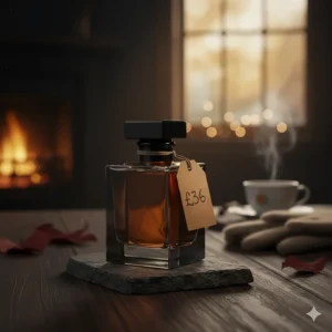 A dark glass bottle of spicy sandalwood perfume perfect for autumn and winter evenings in Britain.