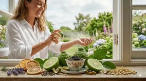 A smiling woman in a white linen shirt applying a refreshing bergamot scent to her wrist during a warm British summer day.