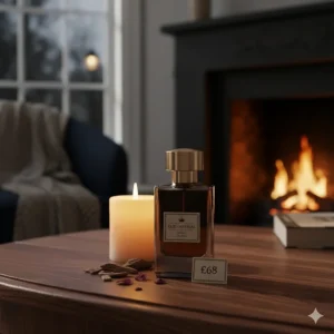 A cosy evening setting with a candle and a bottle of oud, ideal for winter wear in the UK climate.
