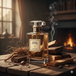 A sophisticated glass bottle of woody vetiver fragrance set amongst logs and dried roots in front of a warm, glowing fireplace.