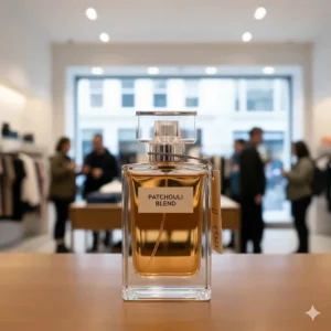 A bottle of Zara patchouli fragrance in a modern UK high-street shop, representing a popular budget-friendly perfume option.