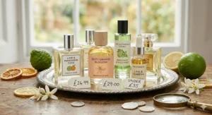 An elegant display of affordable citrus perfumes for women on a silver tray, featuring price tags under £35 and British coins to show value.