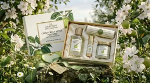 A luxury gift set containing crisp green apple perfume, scented bath salts, and a birthday scroll in premium packaging.