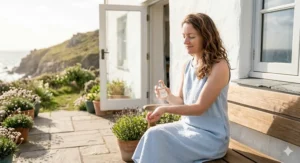 A woman applying a fresh marine eau de parfum to her pulse points before a summer garden party in London.