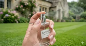 A minimalist line drawing of a person spritzing a fresh green perfume, suggestive of a light and airy daytime fragrance.
