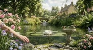 A close-up of a person reaching toward a garden pond surrounded by lavender and roses, highlighting the natural ingredients of a water lily scent.
