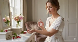 A woman in a floral dress applying a sweet raspberry perfume to her wrist in a brightly lit dressing room.